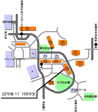 地図　JR十日市場駅より若葉台中央行きバス23系統／65系統　相鉄線三ツ境駅より若葉台中央行きバス116系統